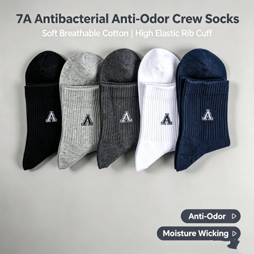 Men's Socks 7A Antibacterial Anti-Odor Men's Crew Socks, High Elastic Rib Cuff Letter A Print Cotton Socks