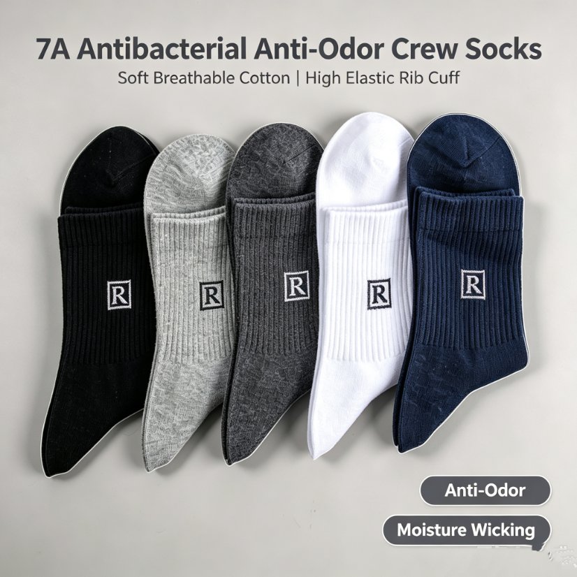 Men's Socks 7A Antibacterial Anti-Odor Men's Crew Socks, High Elastic Rib Cuff Letter R Print Cotton Socks