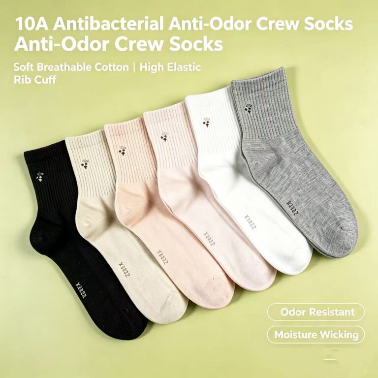 Women's Socks 10A Antibacterial Anti-Odor Women's Crew Socks, High Elastic Rib Cuff Tiny Floral Embroidery Cotton Socks
