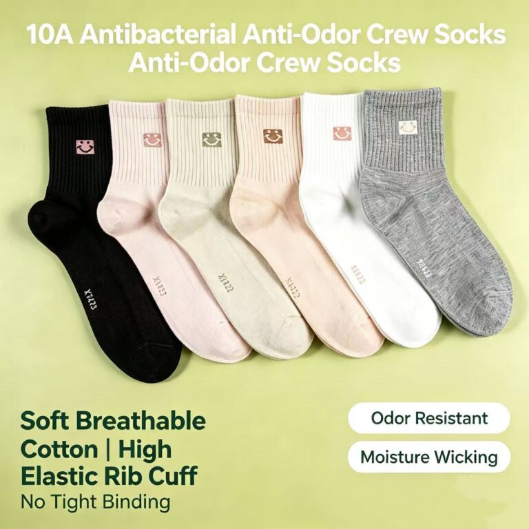 Women's Socks 10A Antibacterial Anti-Odor Women's Crew Socks, High Elastic Rib Cuff Cute Smiley Face Embroidery Cotton Socks